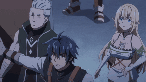 a group of anime characters are standing next to each other and one of them has a cat on her chest