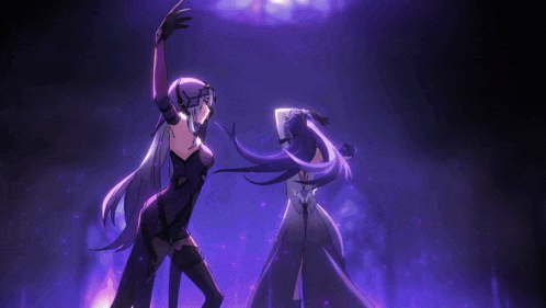 a couple of anime characters dancing in a dark room