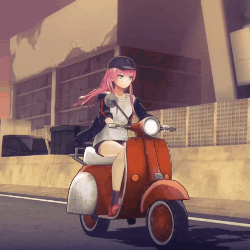a girl with pink hair is riding a red scooter on the street