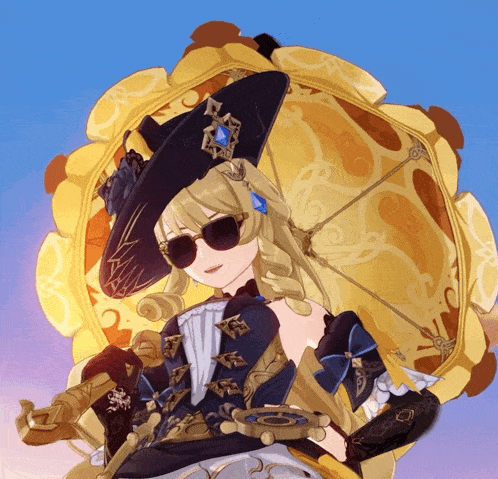 a girl wearing sunglasses and a hat is holding a yellow umbrella