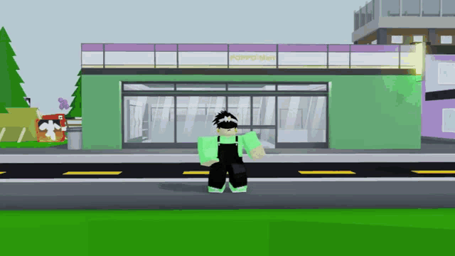 a cartoon character is standing in front of a store called poppy-mart
