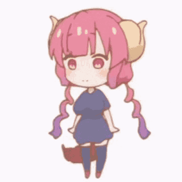 a cartoon girl with pink hair and horns is wearing a blue dress and knee high socks .