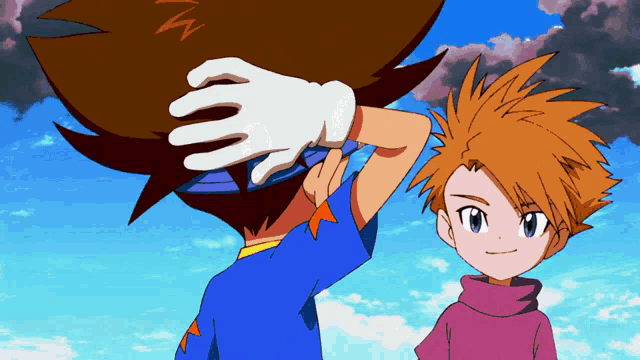 a cartoon character with the letter m on his head is standing next to another character