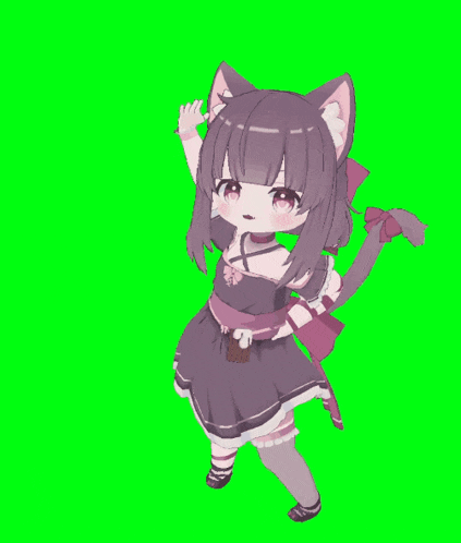 a little girl with a cat ear is standing on a green screen .
