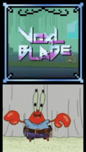a cartoon character is standing in front of a screen that says ' vessel blade '