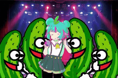a girl is standing on a stage surrounded by pickles and holding a microphone .