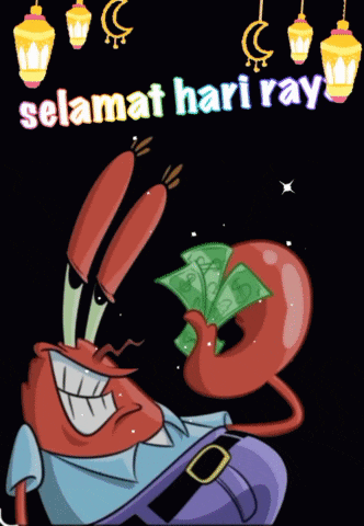 a cartoon of a crab holding a bunch of money with the words " selamat hari raya " below it