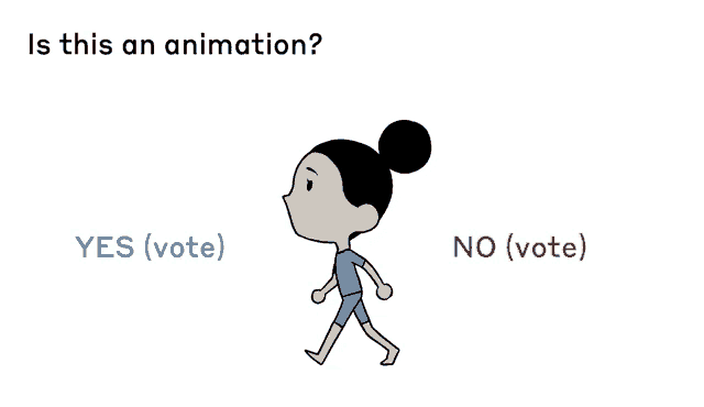 a cartoon of a girl walking with the words yes ( vote ) and no ( vote ) below it