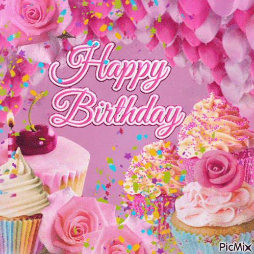 a pink birthday card with cupcakes and roses and the words happy birthday