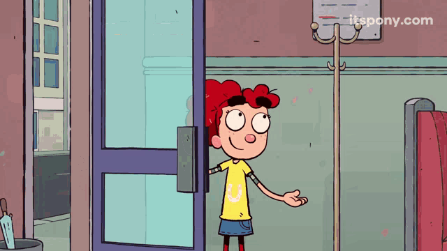 a cartoon of a girl standing in front of a door with the website itspony.com in the background