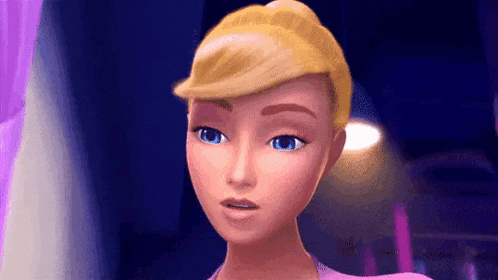 a barbie doll with blonde hair and blue eyes is standing in front of a purple wall .
