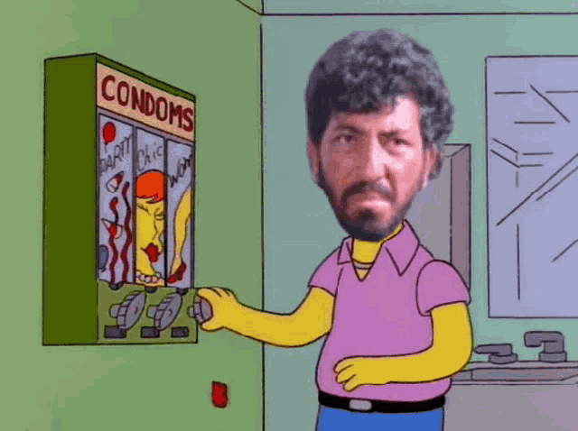 a cartoon of a man using a condom vending machine