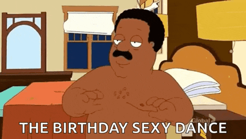 a cartoon of a shirtless man in a bedroom with the words " the birthday sexy dance "