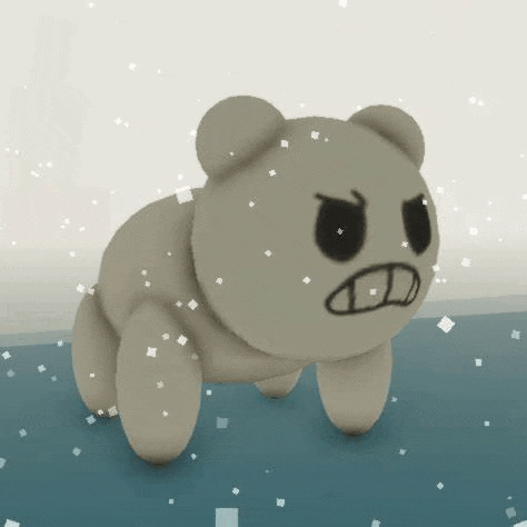 a 3d model of a teddy bear with an angry face standing on a blue surface .