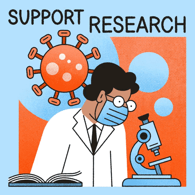an illustration of a scientist wearing a mask looking through a microscope
