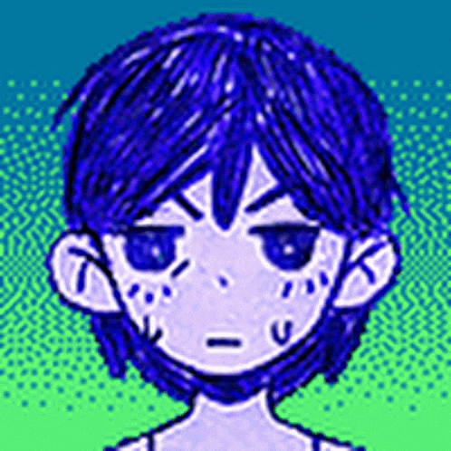 a pixel art drawing of a boy with blue hair and a sad look on his face .