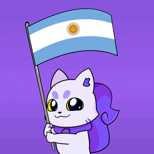 a cartoon drawing of a cat holding a flag