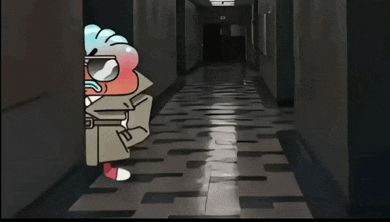 a cartoon character in a trench coat and sunglasses stands in a dark hallway