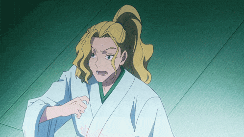 a woman with blonde hair is wearing a white kimono and has a ponytail