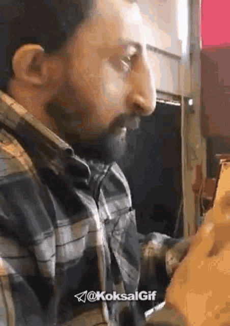 a man with a beard is wearing a plaid shirt and eating a hamburger .