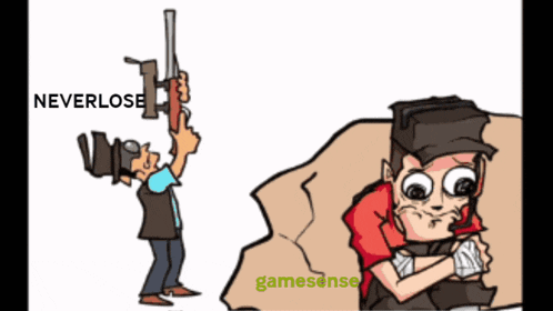 a cartoon of a man holding a gun with the word neverlose written above him