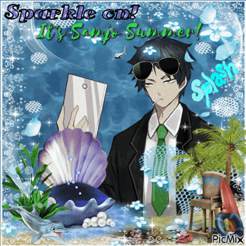 a picture of a man holding a cell phone with the words sparkle on it 's sanjo summer