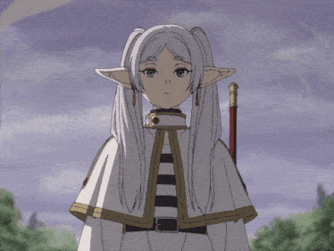 a girl with white hair and pigtails is holding a sword in her right hand