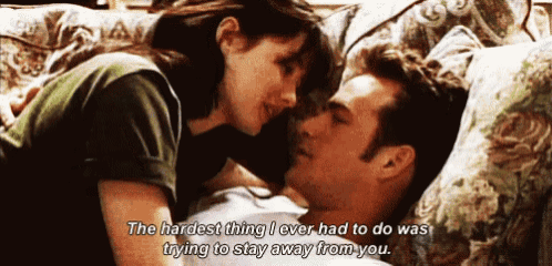 a man and woman are kissing on a couch and the woman says the hardest thing i ever had to do