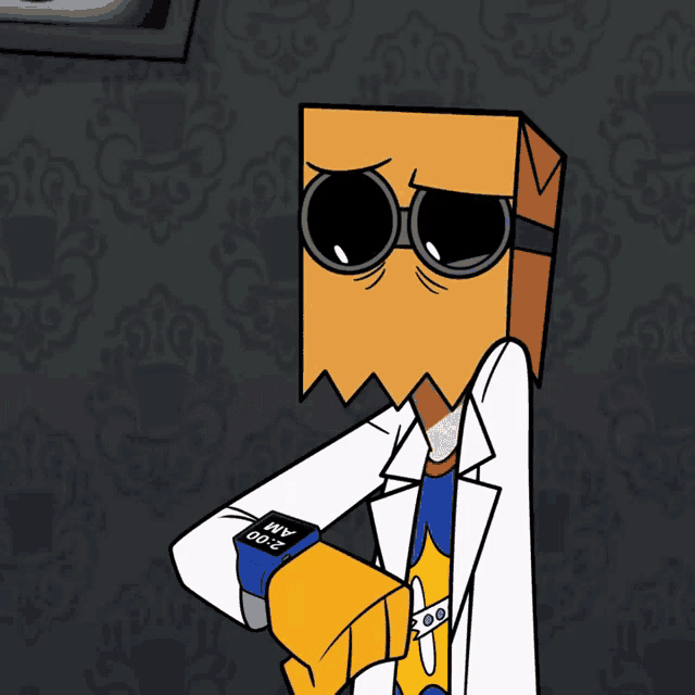 a cartoon character wearing glasses and a paper bag on his head