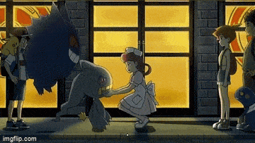 a girl in a nurse 's outfit is kneeling down to help a pokemon .