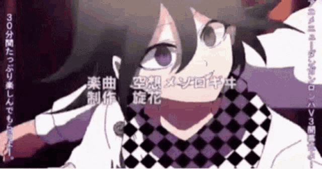 a cartoon character with purple hair and a checkered scarf