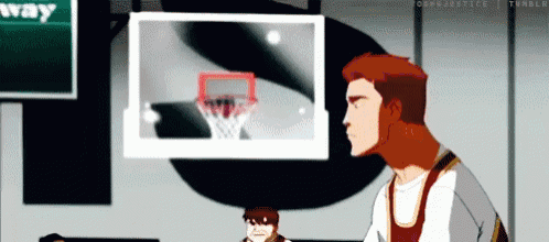 a cartoon of a man playing basketball in front of a basketball net .