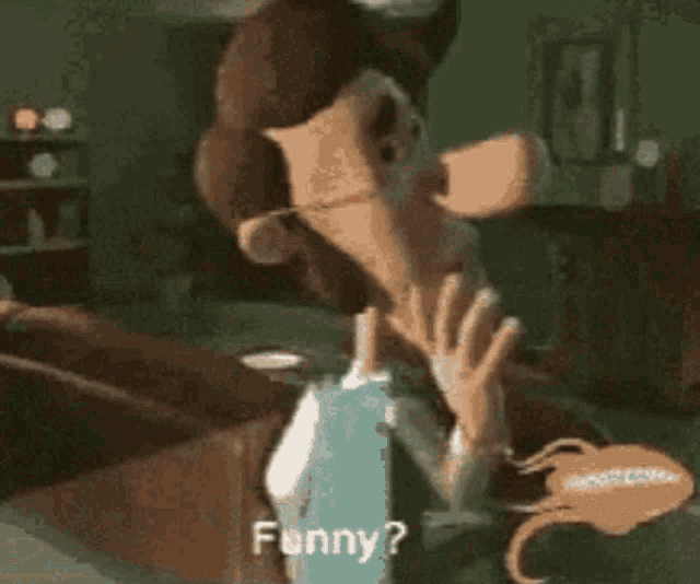 a cartoon character is asking funny ? in a living room .