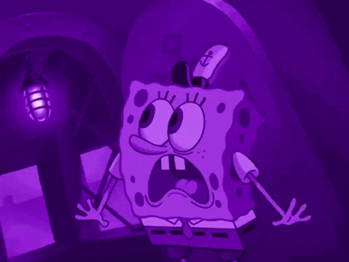 a purple cartoon of spongebob squarepants with a shocked look on his face