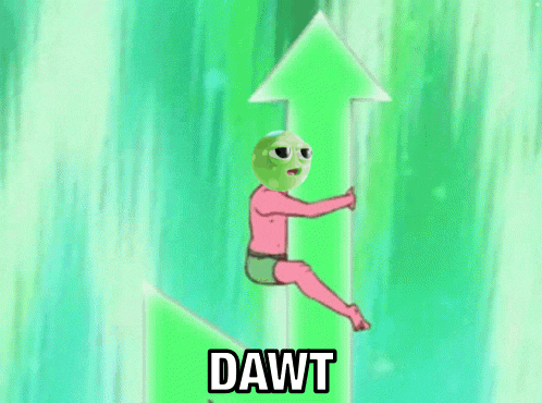 a cartoon character is sitting on a green arrow and the word dawt is on the bottom