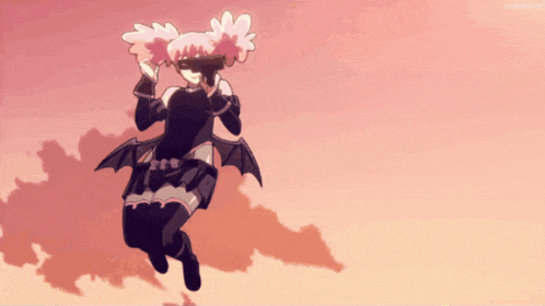 a cartoon character is flying through the air with a pink background