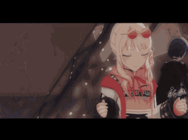 a girl wearing sunglasses and a hoodie that says ' tokyo ghoul ' on it is standing next to a boy