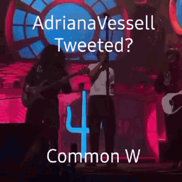 a man singing into a microphone with the words " adriana vessel tweeted " on the bottom