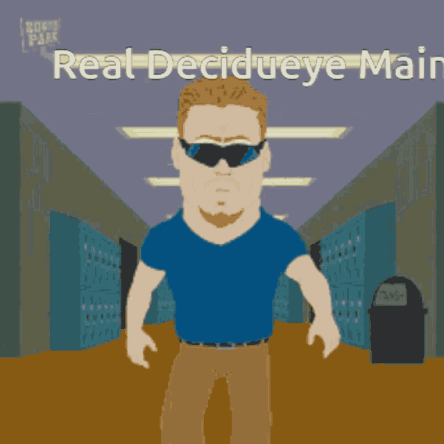 a cartoon of a man wearing sunglasses with the words real decidueye ma