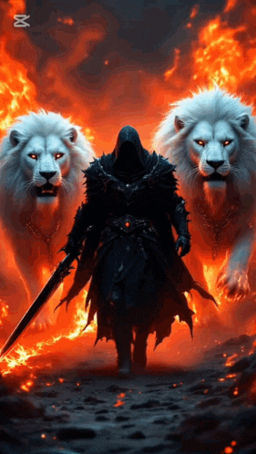a man with a sword is surrounded by two white lions in a painting .