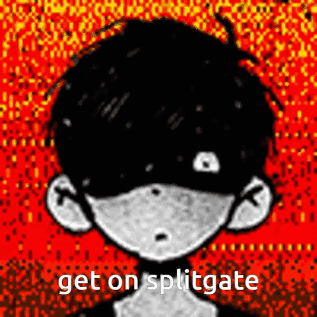 a black and white drawing of a boy with the words `` get on splitgate '' written on the bottom .