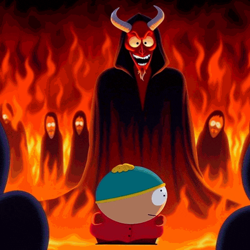 a cartoon character standing in front of a devil
