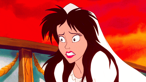 a cartoon character with long black hair and a white veil on her head