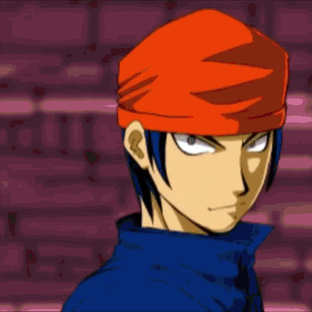 a cartoon character wearing an orange hat and a blue shirt