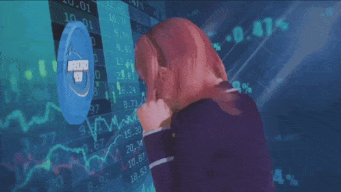 a girl is standing in front of a screen with nasdaq 420 on it