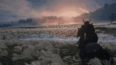 a samurai riding a horse in a field of tall grass