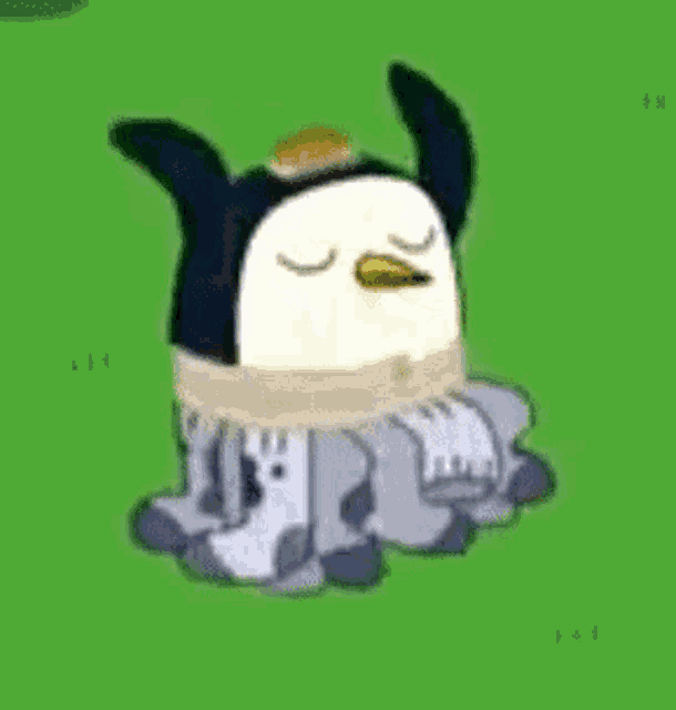 a cartoon penguin is tied up with a rope and sitting on the grass .