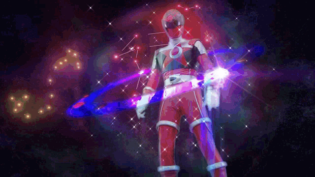 a man in a red superhero costume is holding a glowing sword