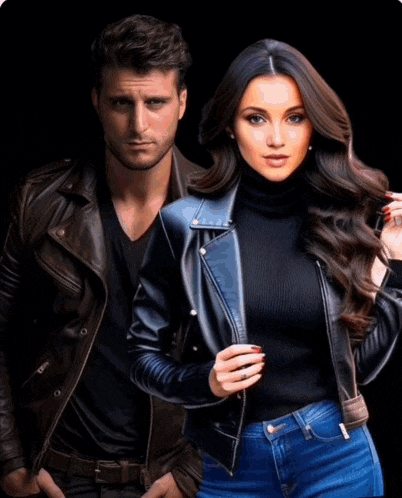 a man and a woman standing next to each other in leather jackets