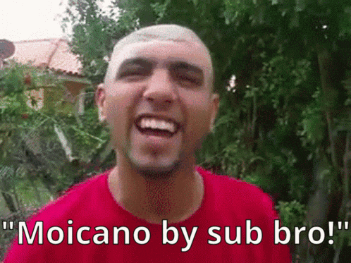 a man in a red shirt is smiling with the words " moicano by sub bro " below him